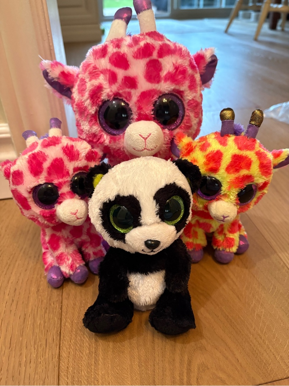Ty Plush Panda and Bright Pink & Neon Giraffe Plush Set